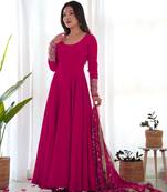 Georgette Fabric Rani Pink Colour 7mtr Falir Maxi Gown With Embroidery Work Dupatta And Pent