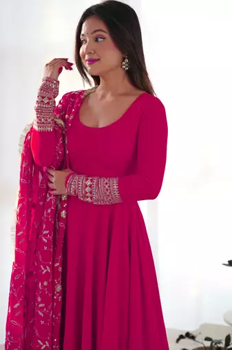Georgette Fabric Rani Pink Colour 7mtr Falir Maxi Gown With Embroidery Work Dupatta And Pent