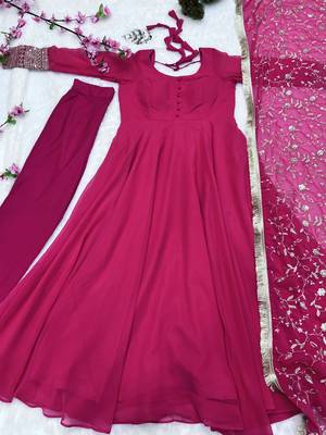 Georgette Fabric Rani Pink Colour 7mtr Falir Maxi Gown With Embroidery Work Dupatta And Pent 6