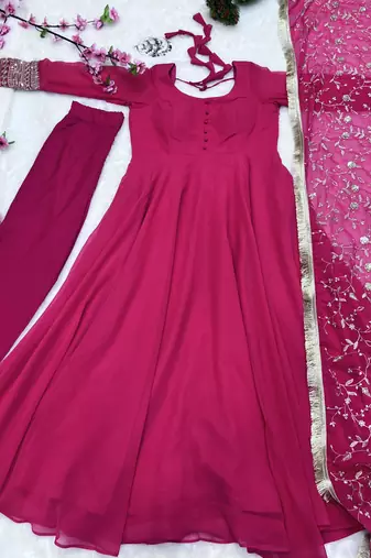 Georgette Fabric Rani Pink Colour 7mtr Falir Maxi Gown With Embroidery Work Dupatta And Pent