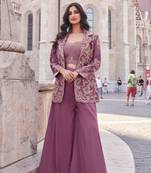 Mauve embroidered silk free size stitched blouse palazzo.