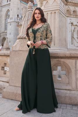 Green embroidered silk free size stitched blouse palazzo. 1
