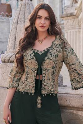 Green embroidered silk free size stitched blouse palazzo. 2