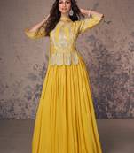 Mustard embroidered chinnon silk gown- free size stitched(Size Upto 42)