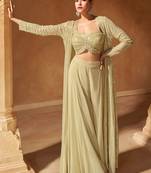 Beige embroidered georgette free size stitched blouse palazzo.