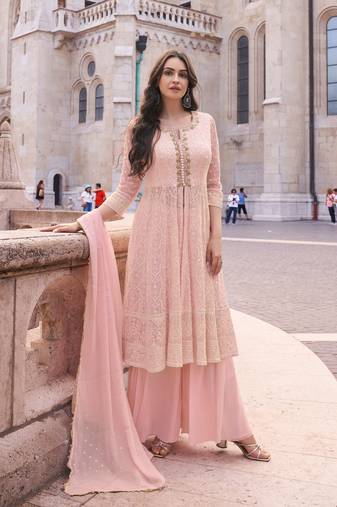 Pink embroidered georgette free size stitched anarkali palazzo.