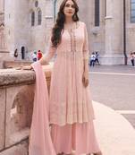 Pink embroidered georgette free size stitched anarkali palazzo.