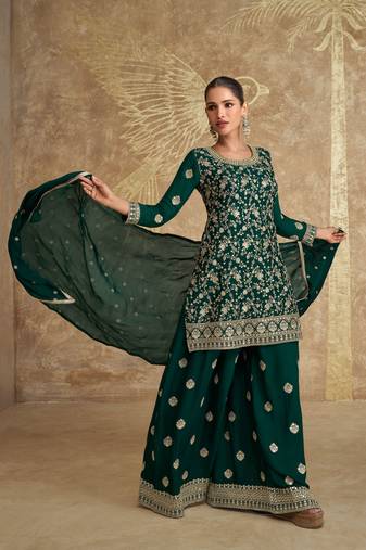 Green embroidered chinnon silk straight palazzo suit- free size stitched (Size Upto 42)