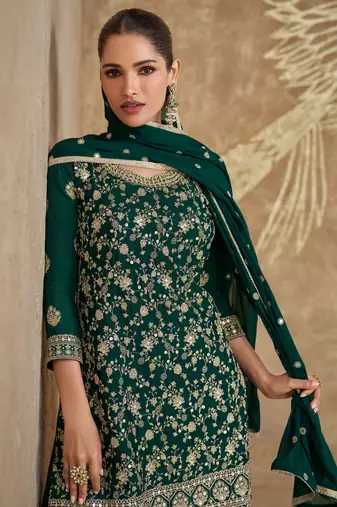Green embroidered chinnon silk straight palazzo suit- free size stitched (Size Upto 42)
