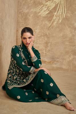 Green embroidered chinnon silk straight palazzo suit- free size stitched (Size Upto 42) 3