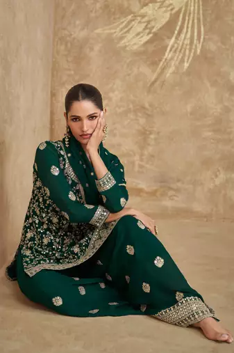 Green embroidered chinnon silk straight palazzo suit- free size stitched (Size Upto 42)