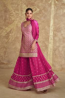 Pink embroidered chinnon silk straight palazzo suit.- Free Size Stitched (Size Upto 42) 1