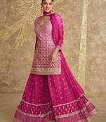 Pink embroidered chinnon silk straight palazzo suit.- Free Size Stitched (Size Upto 42)