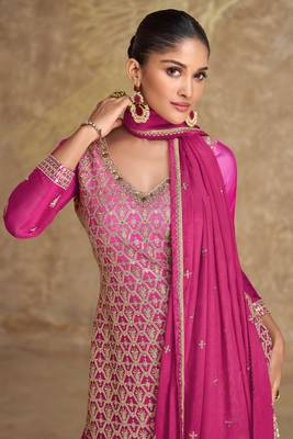 Pink embroidered chinnon silk straight palazzo suit.- Free Size Stitched (Size Upto 42) 2