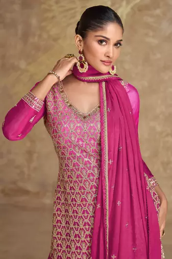 Pink embroidered chinnon silk straight palazzo suit.- Free Size Stitched (Size Upto 42)