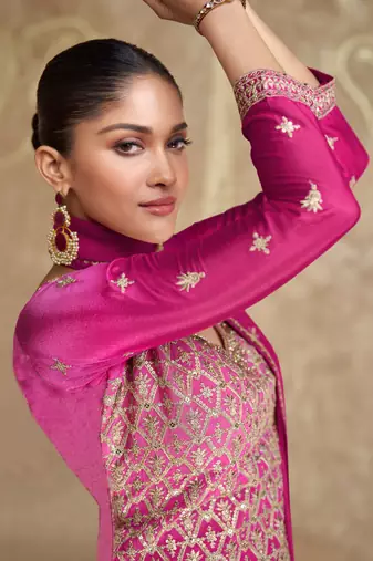 Pink embroidered chinnon silk straight palazzo suit.- Free Size Stitched (Size Upto 42)