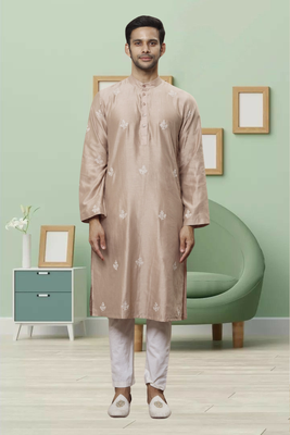 Light grey art silk embroidery kurta pyjama for men's 1