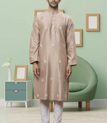 Light grey art silk embroidery kurta pyjama for men's