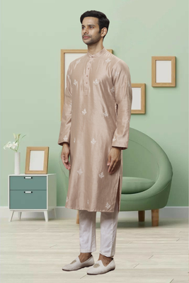 Light grey art silk embroidery kurta pyjama for men's 2