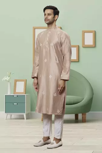 Light grey art silk embroidery kurta pyjama for men's