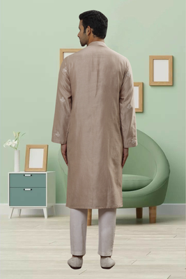 Light grey art silk embroidery kurta pyjama for men's 3
