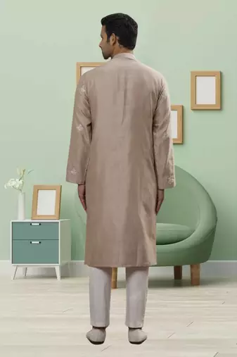Light grey art silk embroidery kurta pyjama for men's