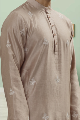 Light grey art silk embroidery kurta pyjama for men's 4