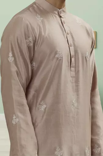 Light grey art silk embroidery kurta pyjama for men's