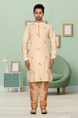 Fawn art silk embroidery kurta pyjama for men's 1