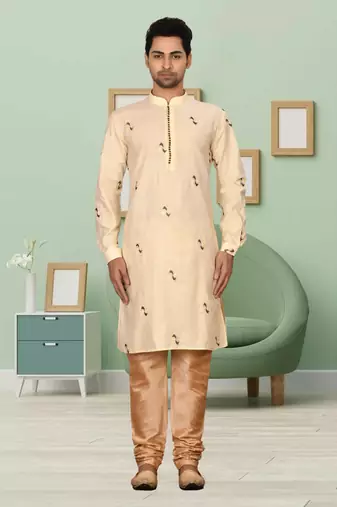 Fawn art silk embroidery kurta pyjama for men's