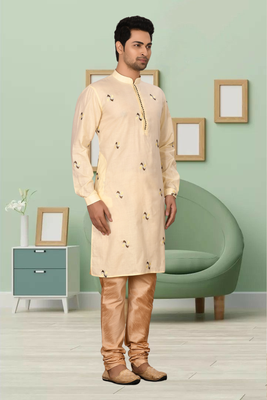 Fawn art silk embroidery kurta pyjama for men's 2