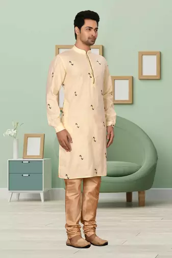 Fawn art silk embroidery kurta pyjama for men's