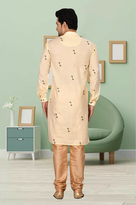 Fawn art silk embroidery kurta pyjama for men's 3