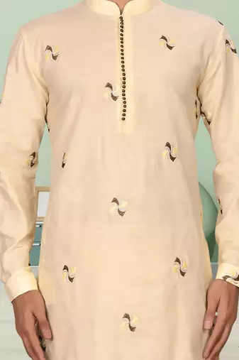Fawn art silk embroidery kurta pyjama for men's