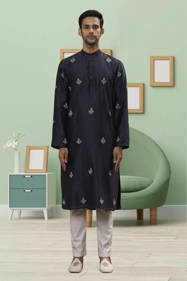 Black art silk embroidery kurta pyjama for men's 1