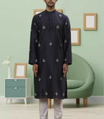 Black art silk embroidery kurta pyjama for men's