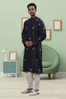 Black art silk embroidery kurta pyjama for men's 2