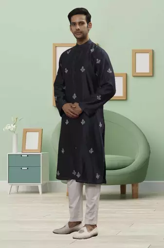 Black art silk embroidery kurta pyjama for men's