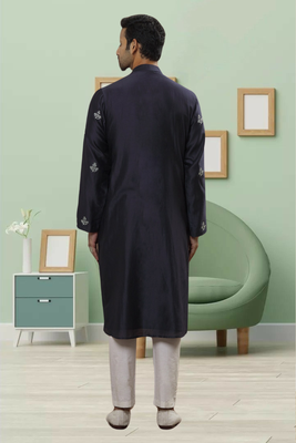 Black art silk embroidery kurta pyjama for men's 3
