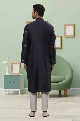 Black art silk embroidery kurta pyjama for men's