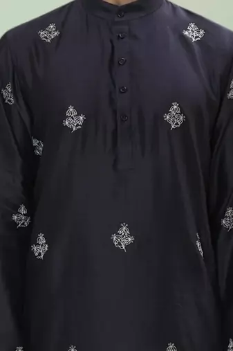 Black art silk embroidery kurta pyjama for men's
