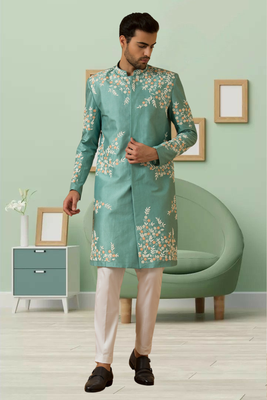 Pistat green art silk embroidery sherwani for men's 1