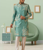 Pistat green art silk embroidery sherwani for men's