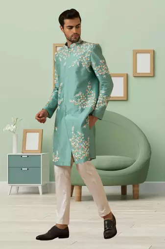 Pistat green art silk embroidery sherwani for men's