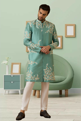 Pistat green art silk embroidery sherwani for men's 3