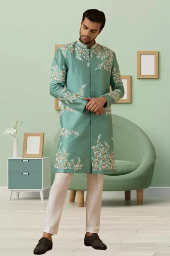 Pistat green art silk embroidery sherwani for men's