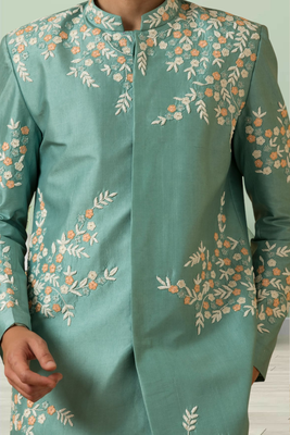 Pistat green art silk embroidery sherwani for men's 4