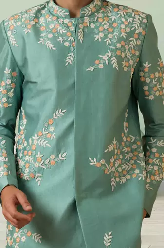 Pistat green art silk embroidery sherwani for men's