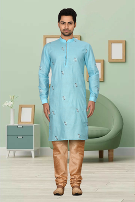 Sky blue art silk embroidery kurta churidar for men's 1