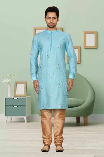 Sky blue art silk embroidery kurta churidar for men's